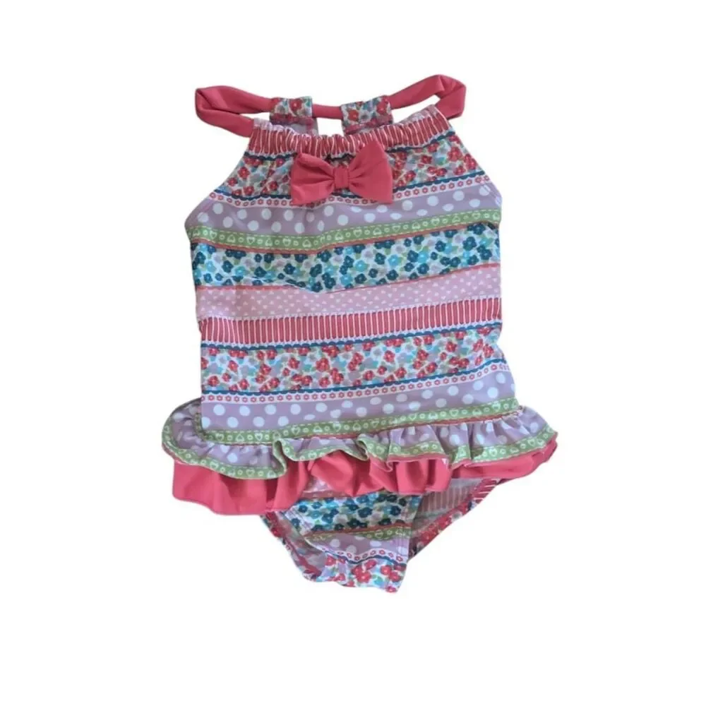 Floatimini Girls Pink Striped Floral Polka Dot Ruffle One-Piece Swimsuit, Size 4